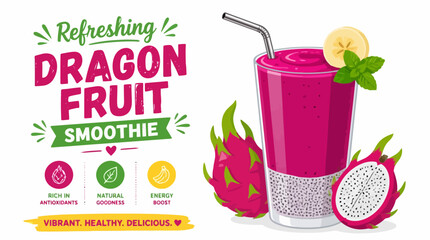 Dragon fruit smoothie illustration with fresh fruit and text. © paloma