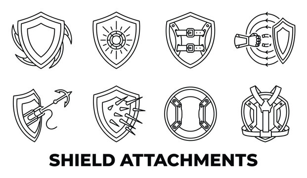 Various shield attachments including blades, energy cannon, straps, gauntlet, grappling hook and spikes.