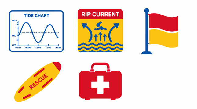 Beach safety icons set: tide chart, rip current warning, flags, rescue buoy, first aid kit