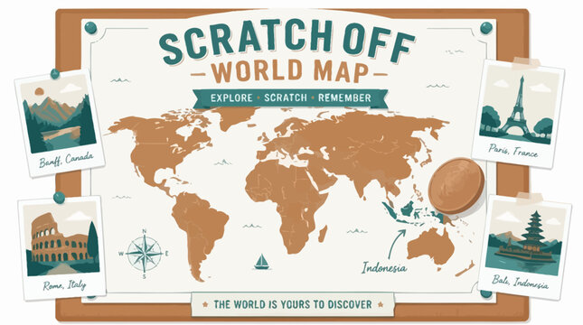 Scratch off world map illustration with travel photos and compass graphic element