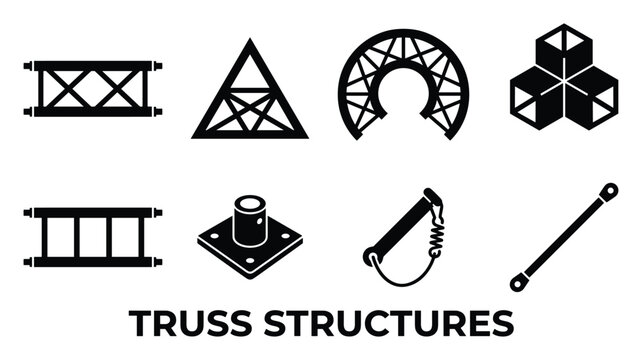 Various truss structures including triangular, circular, and cubic designs for events and stages.
