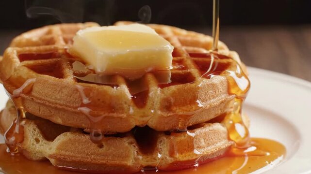 Pouring syrup onto stacked waffles with butter