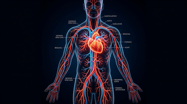 Human circulatory system with glowing red heart and blue veins body anatomy 1