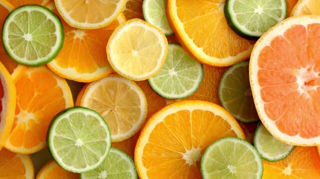 Sliced oranges and limes on a colorful background of citrus fruits