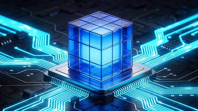 Blue cube on circuit board
