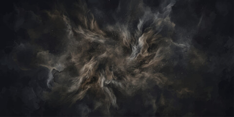 Abstract ethereal nebula with swirling cosmic dust in shades of dark grey, brown, and cream, evoking a sense of mystery and the vastness of the universe. © suriyaakter