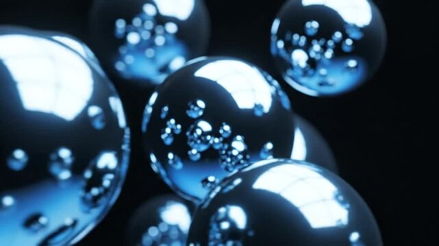 Transparent blue glass spheres containing tiny internal air bubbles.