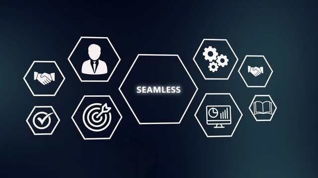 Flawless Business Continuity and Seamless Transition Interface. Abstract Hexagon Graphic Animating Frictionless Integration, Perfect Compatibility, and Uninterrupted Workflow.