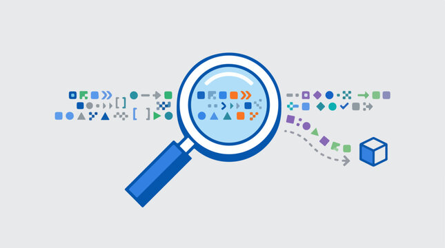 Magnifying glass with colorful icons.