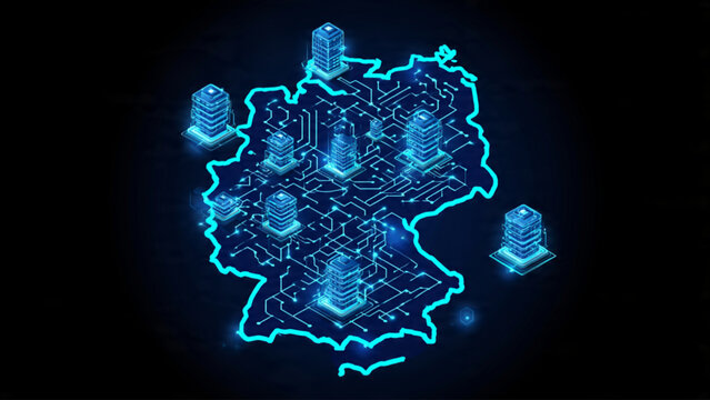 Futuristic digital map of Berlin with glowing cityscape and infrastructure elements