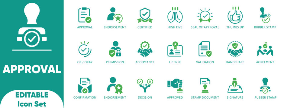 Approval icon set. acceptance, thumps up, approval, certified, decision, document, handshake, signature, team, illustration, and solid icons.