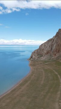 Drone Push Over Turquoise Waters of Siling Co Lake, Tibet China