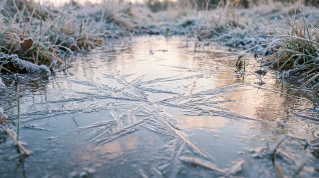 Detailed close-up of geometric ice crystals and needle-like patterns on a frozen puddle surface, surrounded by frost-covered dry grass and vegetation in soft morning light.