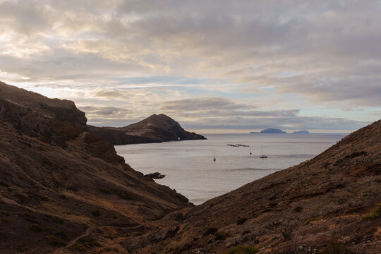 Sailboats in a calm bay at the coast of Madeira, Portugal