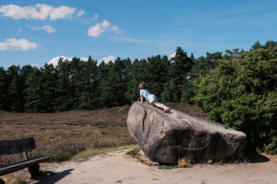 girl playing on boulder amidst heather field in northern Germany