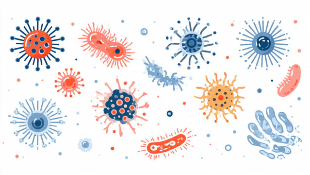 Colorful abstract illustration of diverse microorganisms and bacteria in vibrant hues