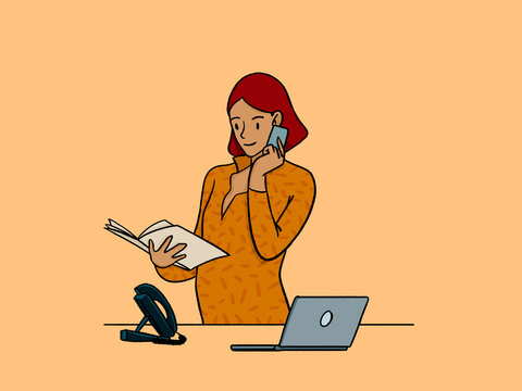 Woman multitasking working talking on phone reading