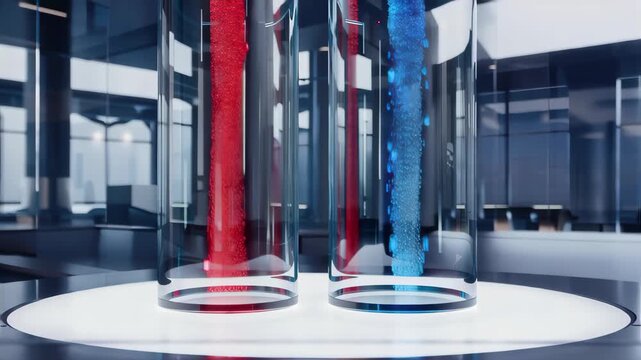 Two transparent glass containers with red and blue glowing bases on a table