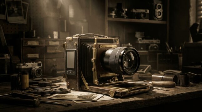 Vintage bellows film camera with a modern digital lens and LCD screen attached on a wooden workbench in a dusty darkroom workshop with photographic equipment and tools.