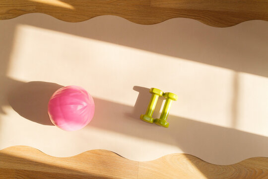 Exercise equipment placed on a mat with sunlight shining in a home 