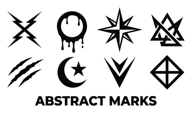 Abstract marks lightning drip compass rose crown claw moon star v shape diamond symbols.