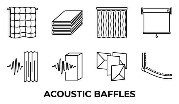 Acoustic baffles sound absorption line art icons set for interior acoustics and soundproofing design.