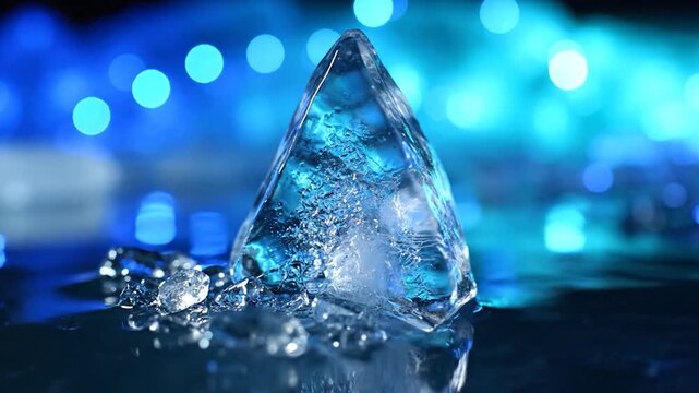 Triangular ice crystal resting on a reflective surface with bright blue bokeh lights background