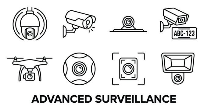Advanced surveillance icons depicting various camera types and drone for monitoring.