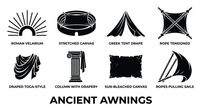 Ancient awnings icons: roman velarium, stretched canvas, greek tent drape, rope tensioned, toga, column, sun-bleached.