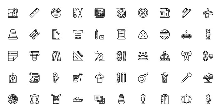 Sewing icon set. Minimalist vector illustration pack. Includes sewing machine, ruler, pins, needle, button, hanger, thimble, thread, pattern, yarn, fabric, zipper, iron, and more. Editable stroke.