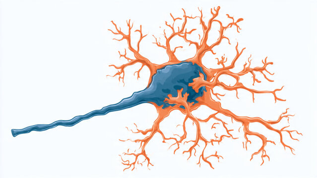 Illustration of a neuron with vibrant orange branches and blue cell body for educational use