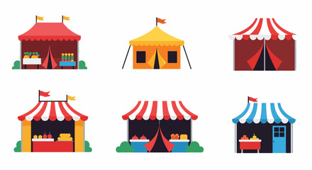 Fototapeta premium Collection of colorful festival tents and market stalls for outdoor events.