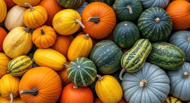 Assorted colorful pumpkins and gourds in a close-up view autumn harvest orange