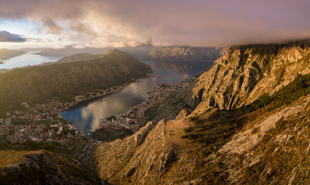 Mountain View Over Kotor Bay During golden Sunset in Montenegro