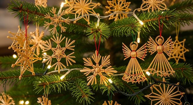 Traditional straw christmas ornaments hanging on a pine tree with warm fairy lights christmas ornaments decoration snowflake tradition celebration handmade