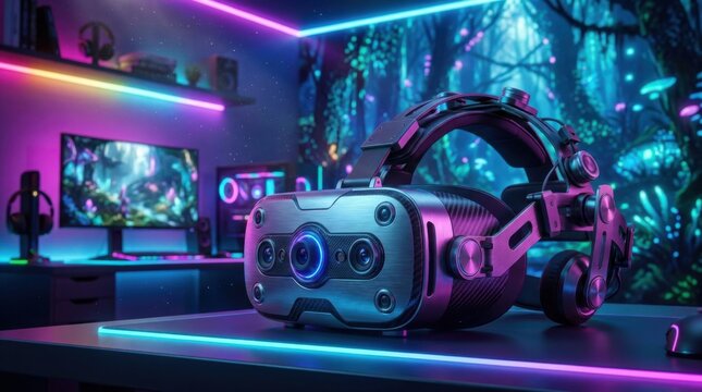 Close up of a high-tech VR headset with integrated headphones and camera sensors sitting on a table in a futuristic gaming setup with neon lighting and computer peripherals.