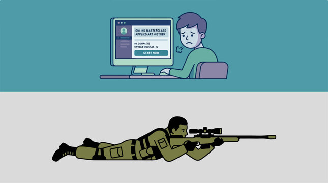 Soldier aiming rifle at hacker.