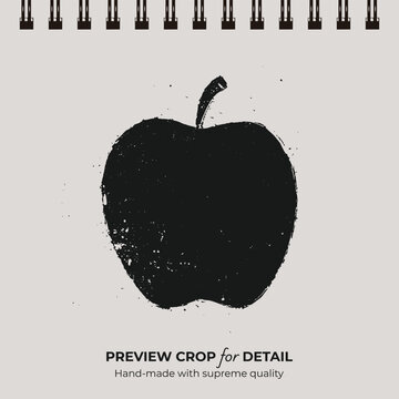 Vintage style black apple fruit silhouette icon with distressed grunge texture and ink splatters