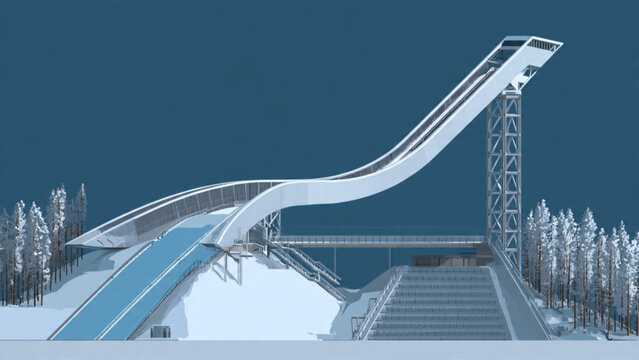 Modern winter ski jump in snow-covered landscape with trees and blue sky for winter sports