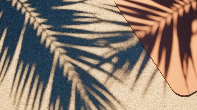 Tropical palm leaf shadows on a sandy texture with a peach colored paper card