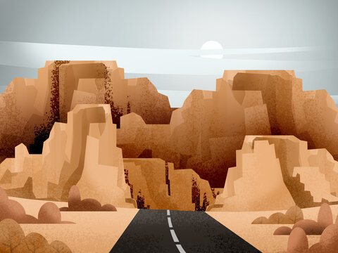 Desert road winding through sandstone canyon landscape