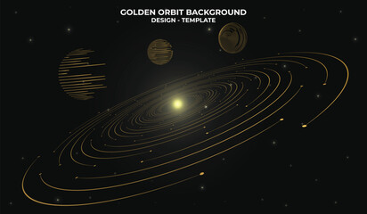 Deep space galaxy background with a golden orbit: a cosmic sun and three planets. Template for presentation, space-themed websites, education and astronomical graphics (Gold) Yellow © Isasoulart