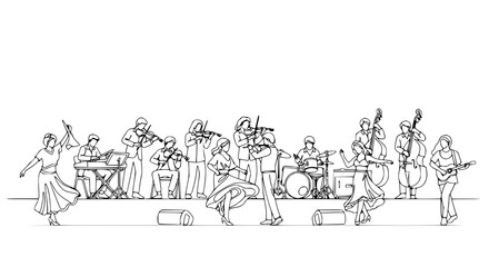 Diverse orchestra playing music, dancing, and performing live concert on white background. © Ahmad