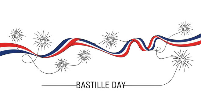 Bastille Day Celebration: French Tricolor Ribbon with Fireworks on White Background