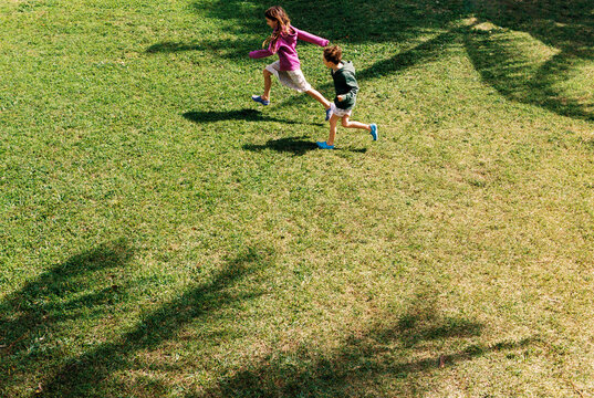 Two kids running across grassy lawn with palm tree shadows