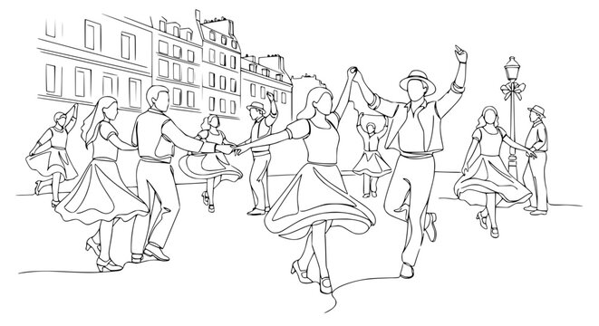 People dancing in a street festival, line art, celebratory, traditional, joyful, community, outdoor