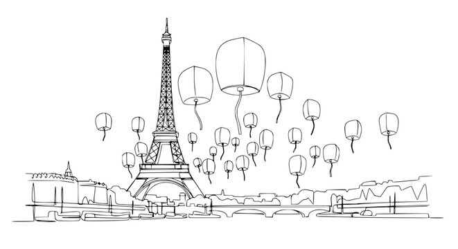 Eiffel Tower Paris Skyline with Floating Lanterns - Black and White Sketch