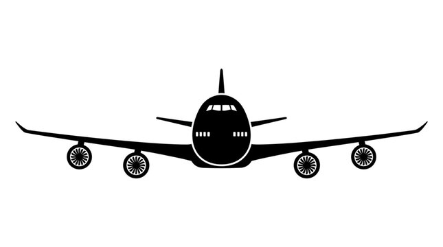 Front view silhouette of a four-engine commercial jet airplane