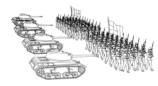 Military parade: Tanks and soldiers marching in formation, black and white illustration