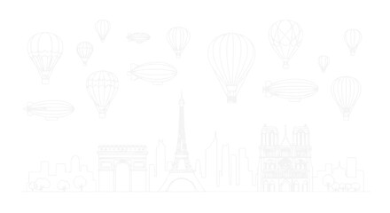 Paris Skyline Outline with Hot Air Balloons and Airships Floating Above © Ahmad